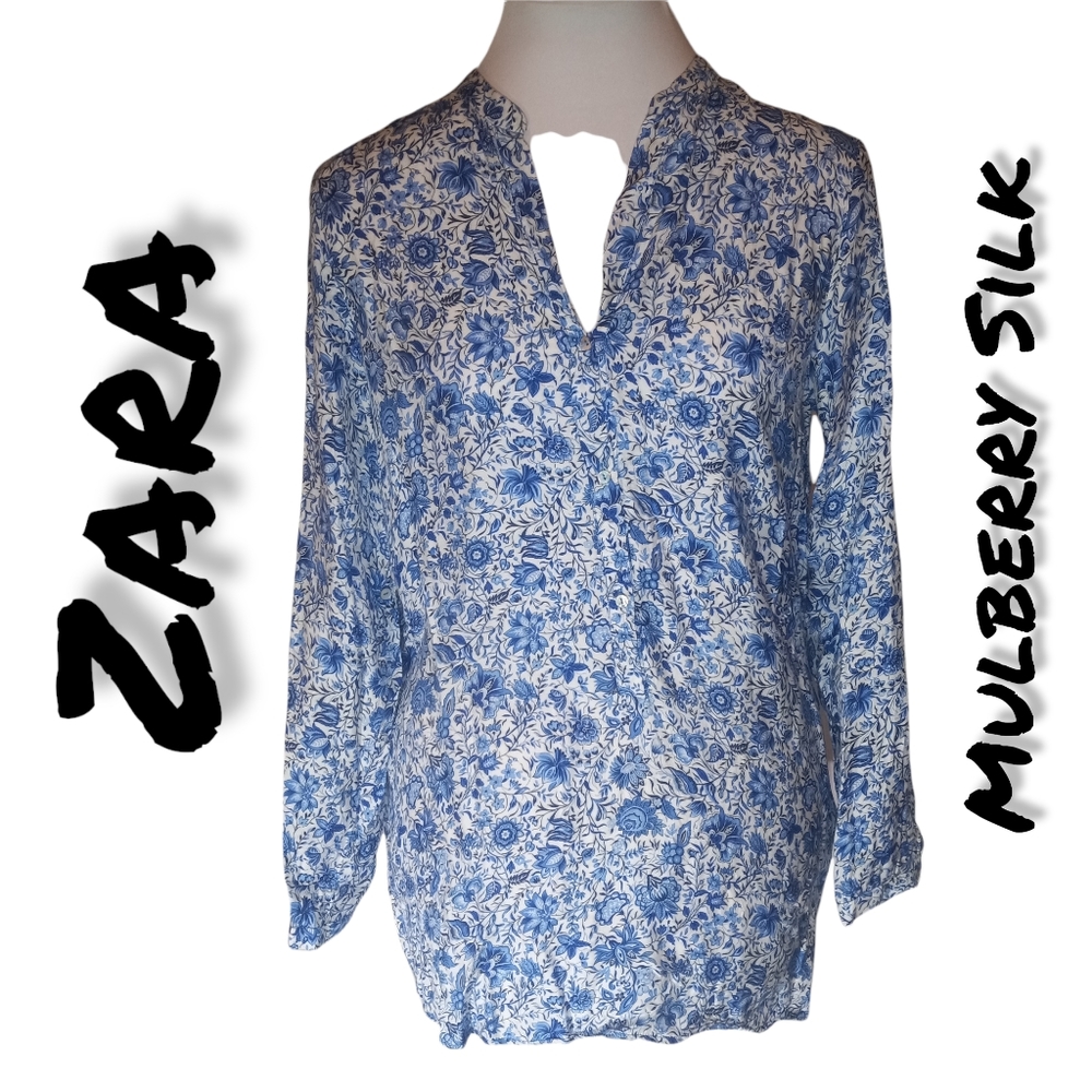 Zara Blue Floral Mulberry Silk V Neck Top